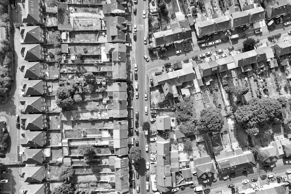 Aerial view of a residential street showing a row of houses with pitched roofs and small backyards, parked cars lining both sides of the road, and trees scattered along the pavement. The street appear